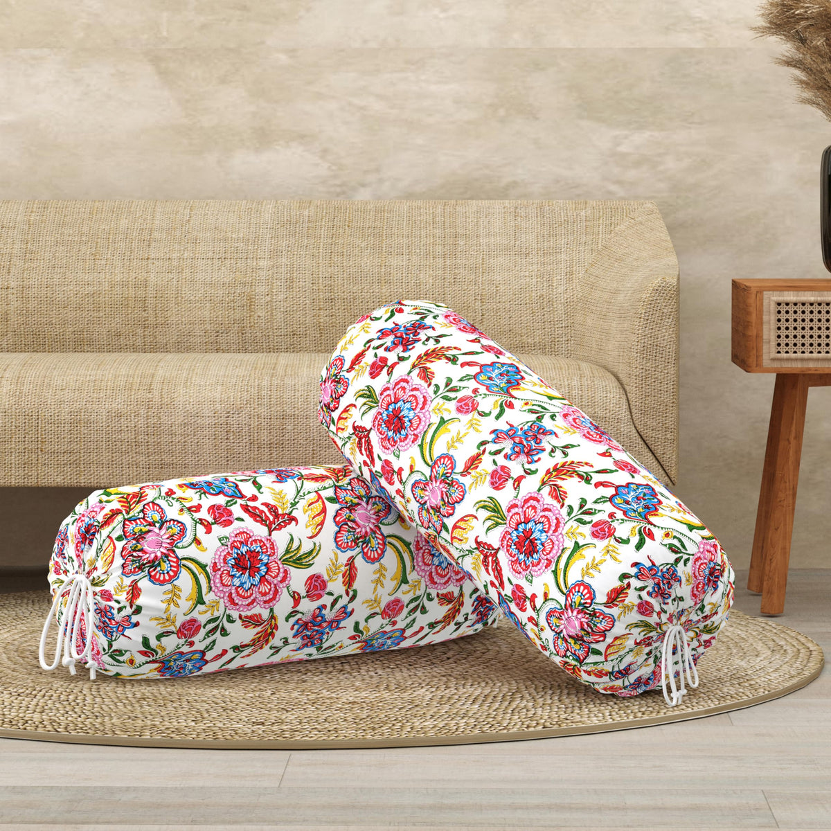 BLOCKS OF INDIA Cotton Hand Block Printed Bolster Cover | Booster Cover with Drawstring | Round Long Pillow Cover for Bed | Dewan Pillow Cover Set 16 X 32 | Set of 2 (White JAAL)