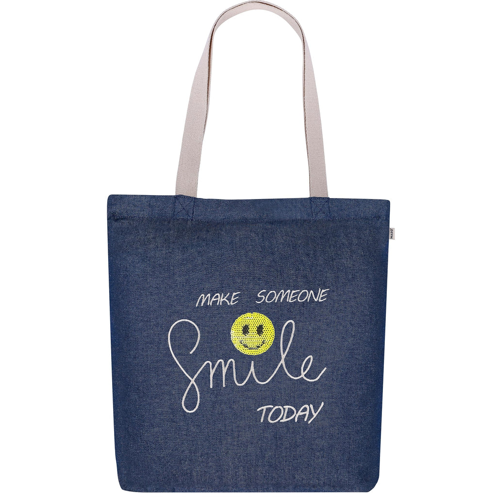 MASQ By Q-One Canvas Smile Embroidered Printed Tote Bags For Women With Zip, College Bag For Girls, 100% Organic Cotton Tote Bag For Traveling & Daily Use