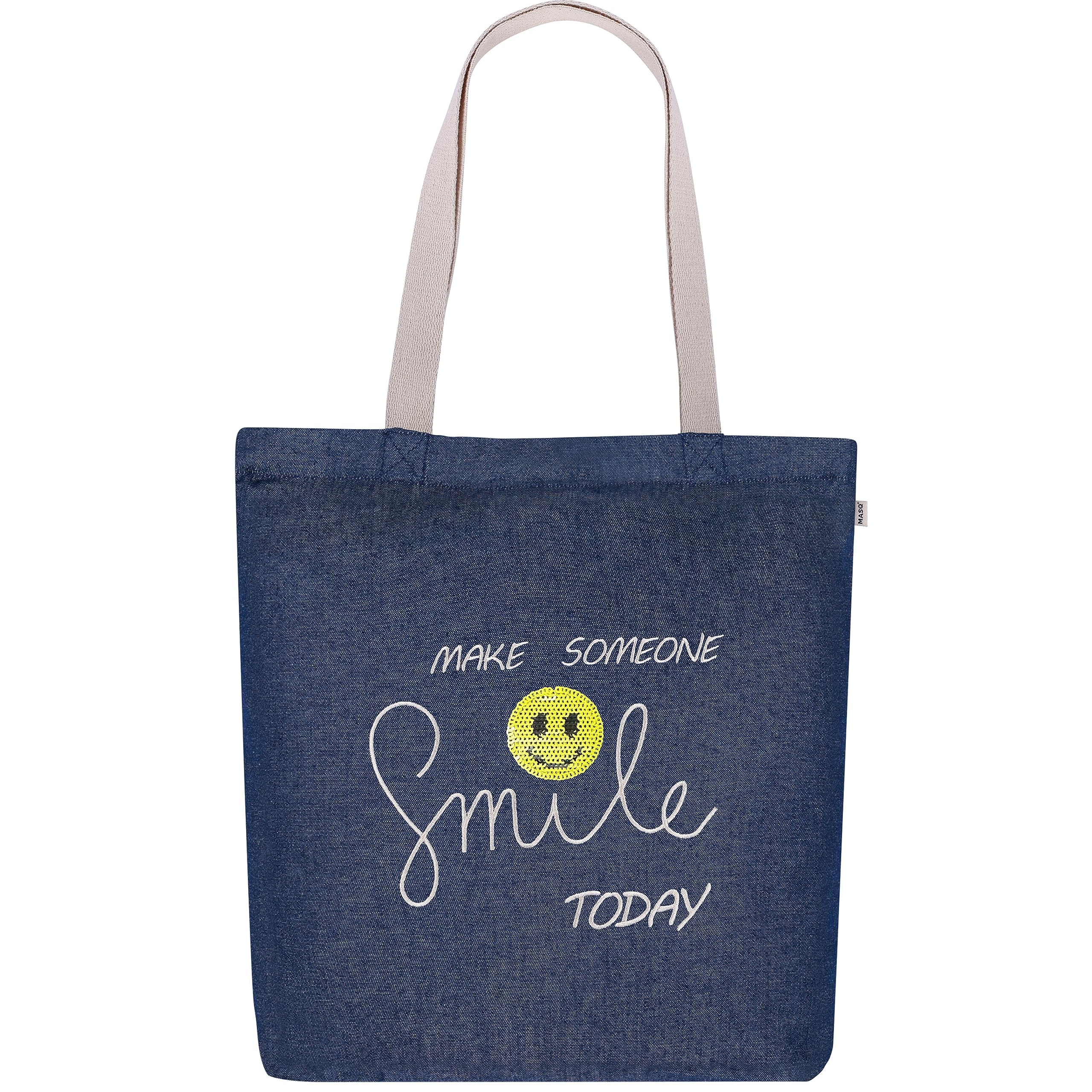 MASQ By Q-One Canvas Smile Embroidered Printed Tote Bags For Women With Zip, College Bag For Girls, 100% Organic Cotton Tote Bag For Traveling & Daily Use