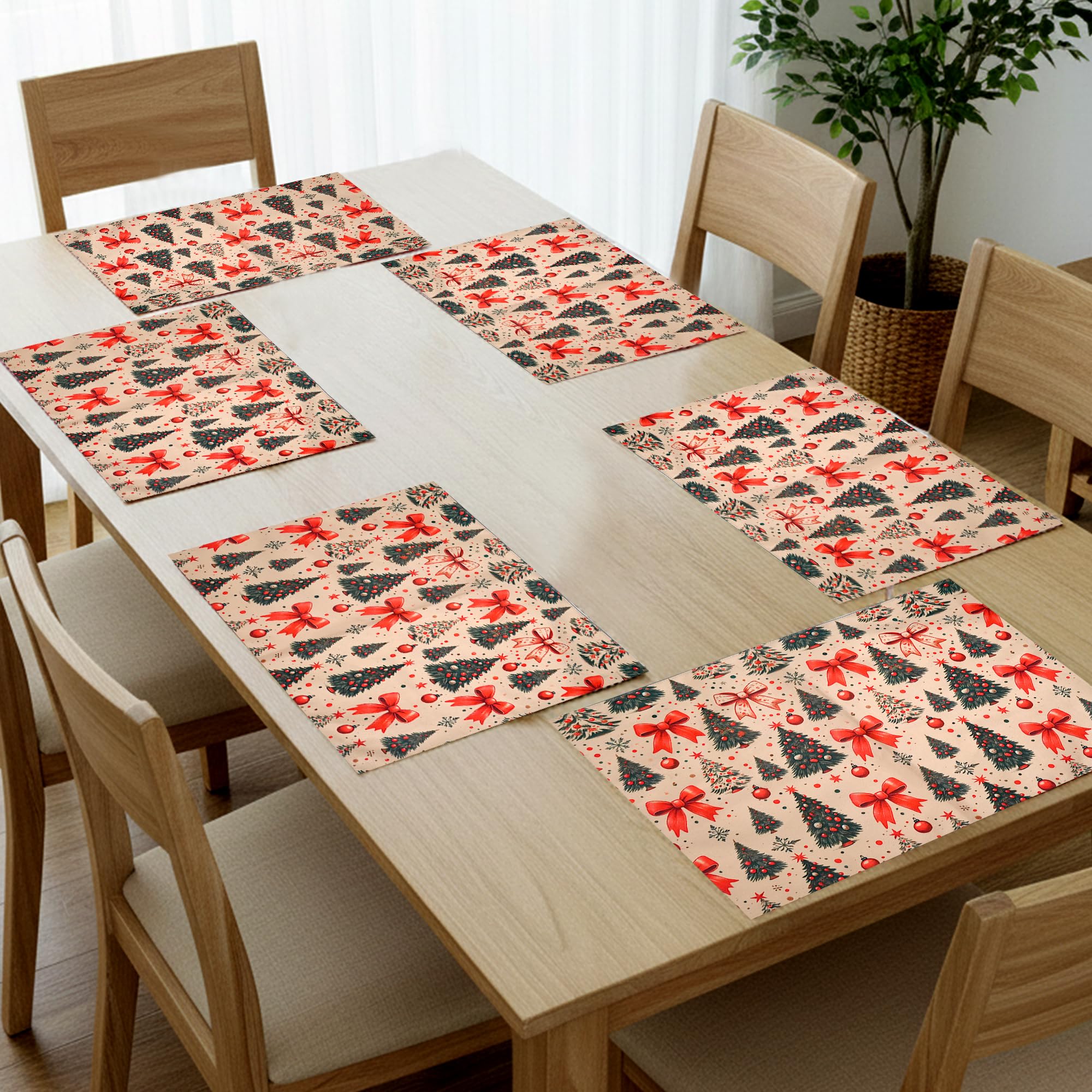 PRAKARTIK BY INDUARTS Dining Table Mats Set of 6 - Christmas Tree Red Bow Theme,Digital Print, Washable, Indoor/Outdoor, Heat-Proof, Wipe & Clean (47X33 cm) Olive & Green Kafalo