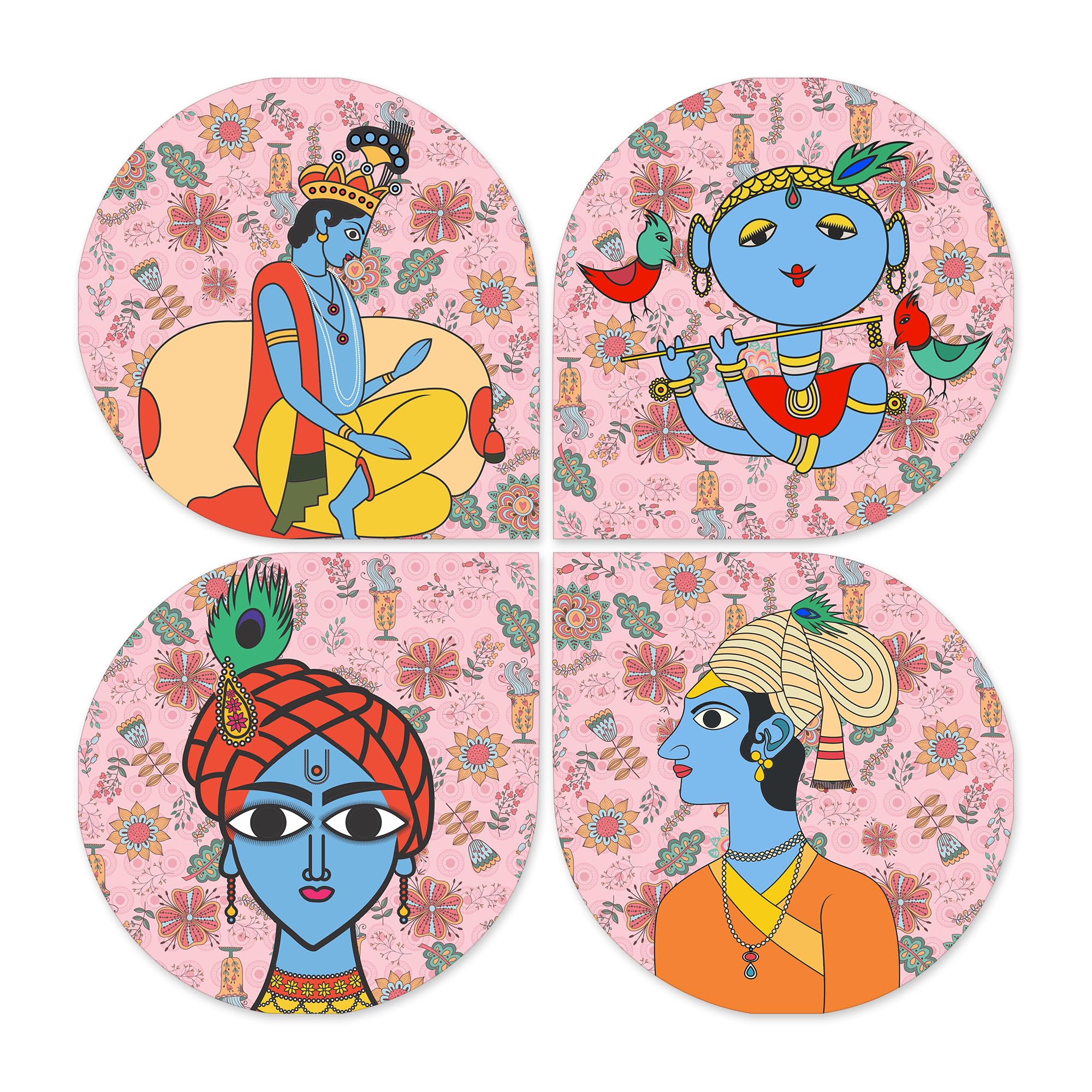 Artvibes Spiritual Krishna Folk Wooden Art Decoration Item for Living Room | Wall Sculpture | Signs & Plaques | Modern Decor Artwork | Wall Poster | Handcrafted Art | Unique Gift (WH_8426N), Set of 4