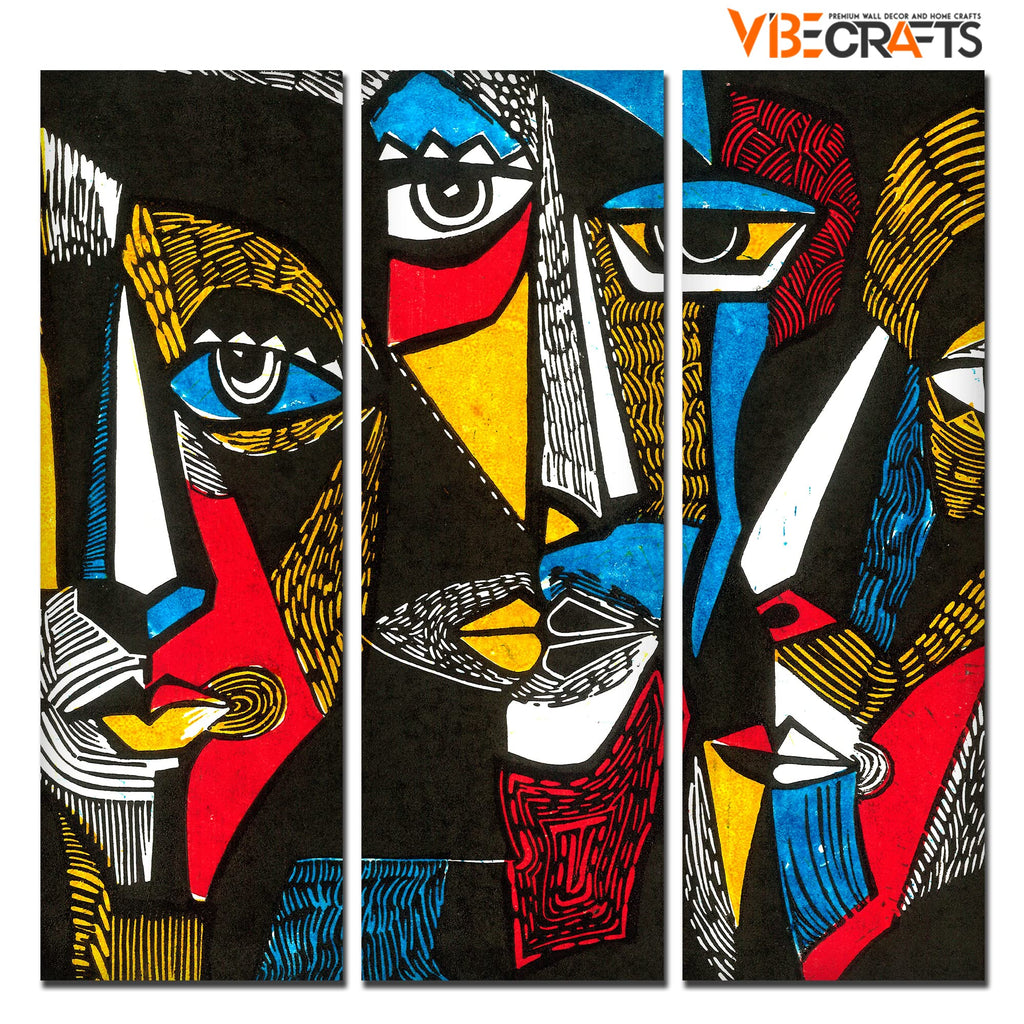 VIBECRAFTS 3 Pieces Beautiful Pattern Faces Canvas Wall Painting Fitted With Wooden Frame For Home | Office | Living Room | Gifts (PTVC3Pcs1_9532)