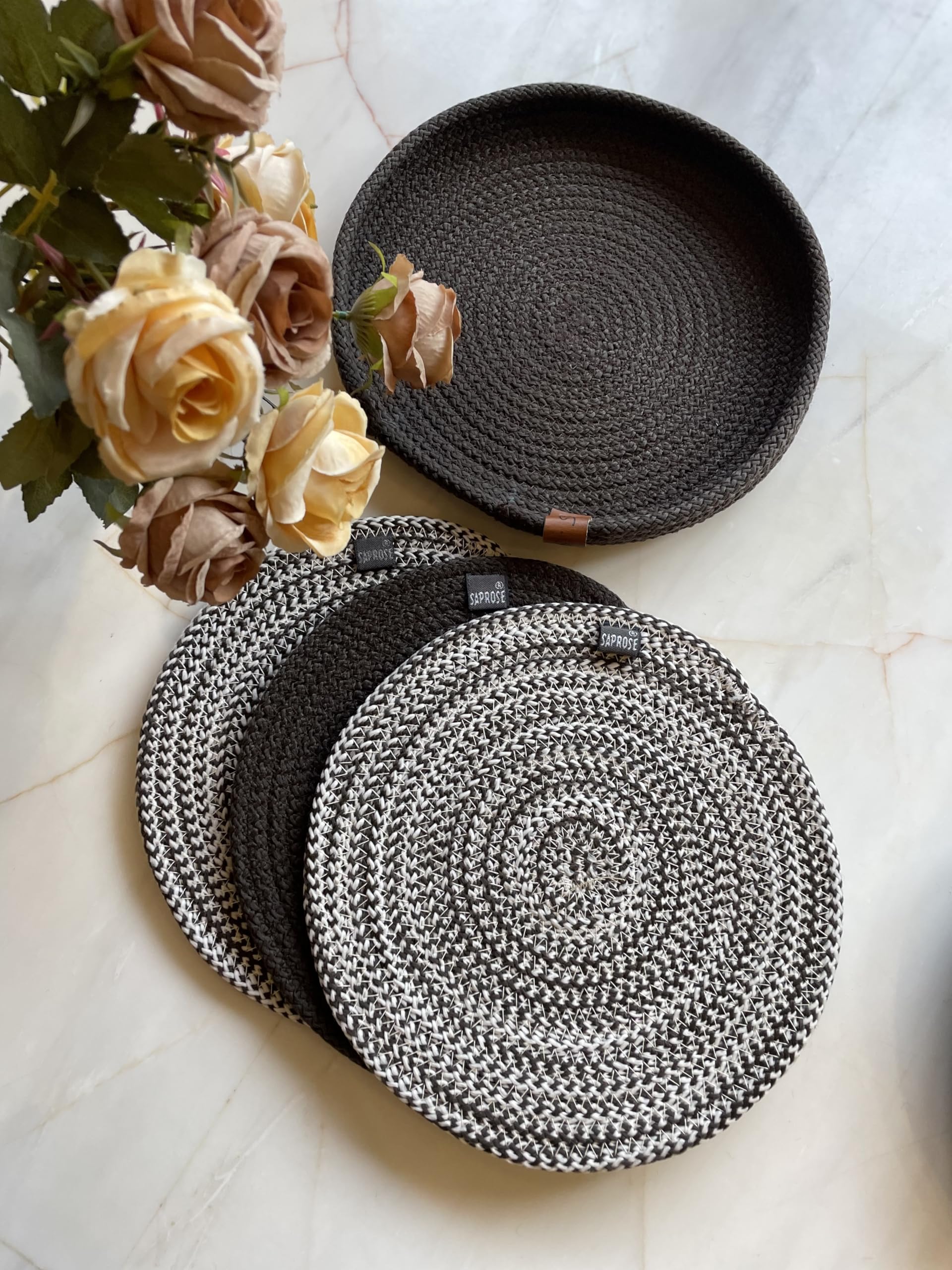 SAPROSE® Retro Polypropylene 3 Pc Round Trivet with Basket Holder | Braided Pot MAT, Side Table Mat, Machine Washable Small Place Mat for Casserole for Dining Table (9 inch Dia) Kafalo