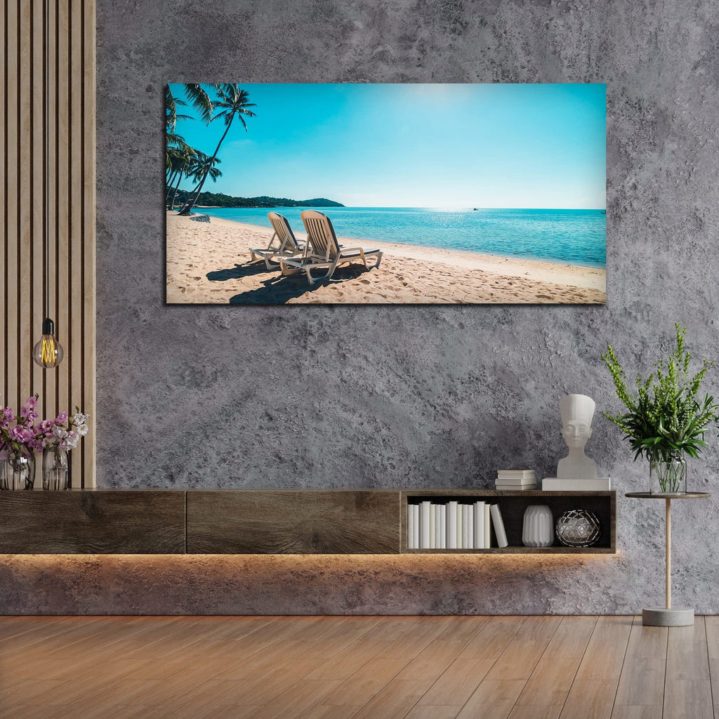 VIBECRAFTS Canvas Paintings for Living Room Drawing Room wall Painting of Beautiful Beach with Chair & Blue Sky for Home|Office|Gift(PTVCH_2385N)
