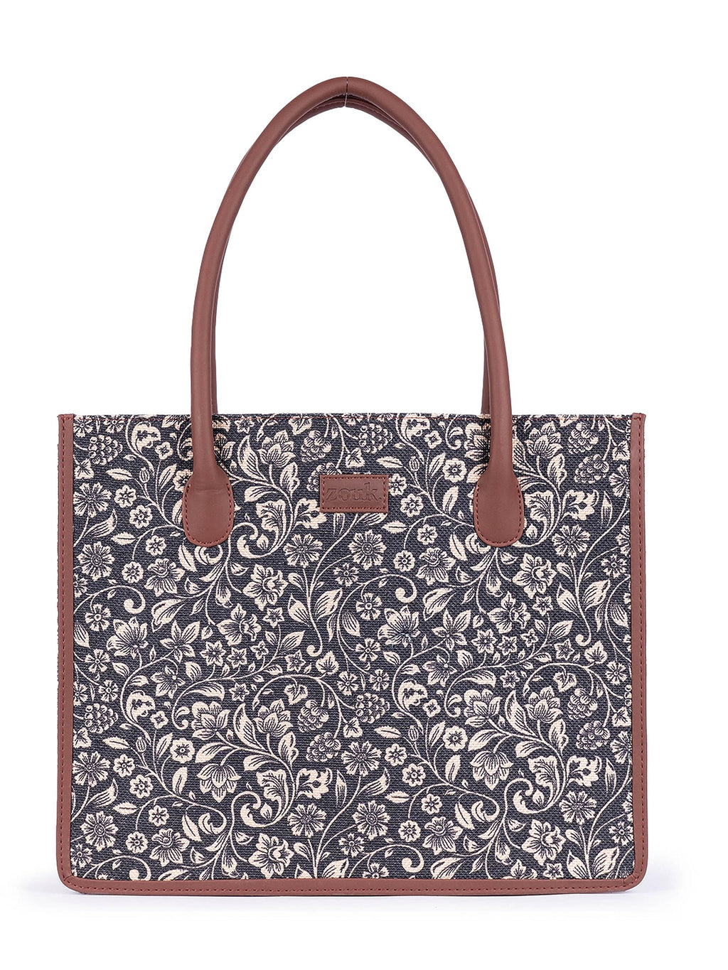 ZOUK Flomotif Floral Printed Jute Handcrafted Black Women's Stylish Tote Bags | Tote Handbag| Shoulder bag with double handle