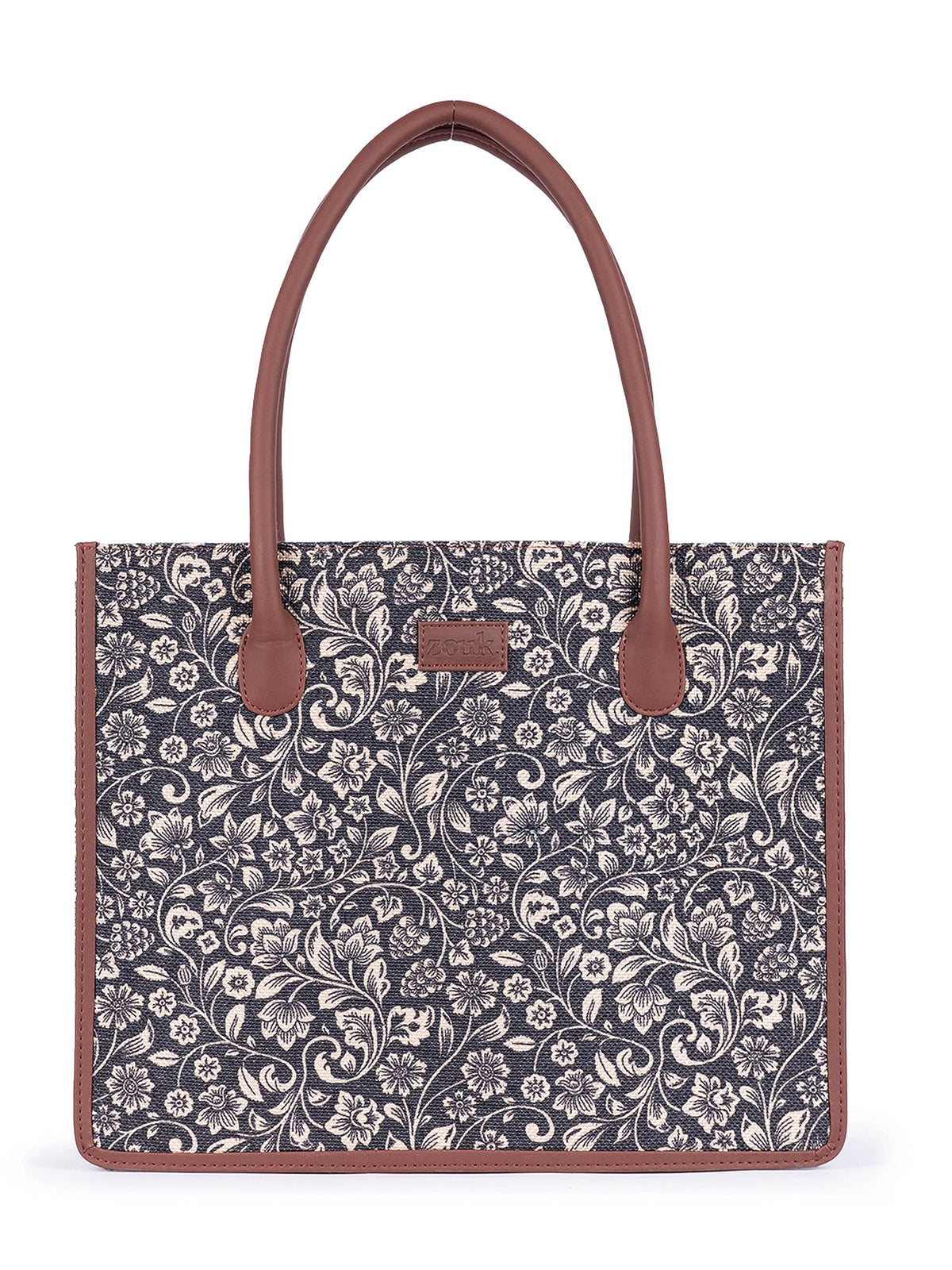ZOUK Flomotif Floral Printed Jute Handcrafted Black Women's Stylish Tote Bags | Tote Handbag| Shoulder bag with double handle