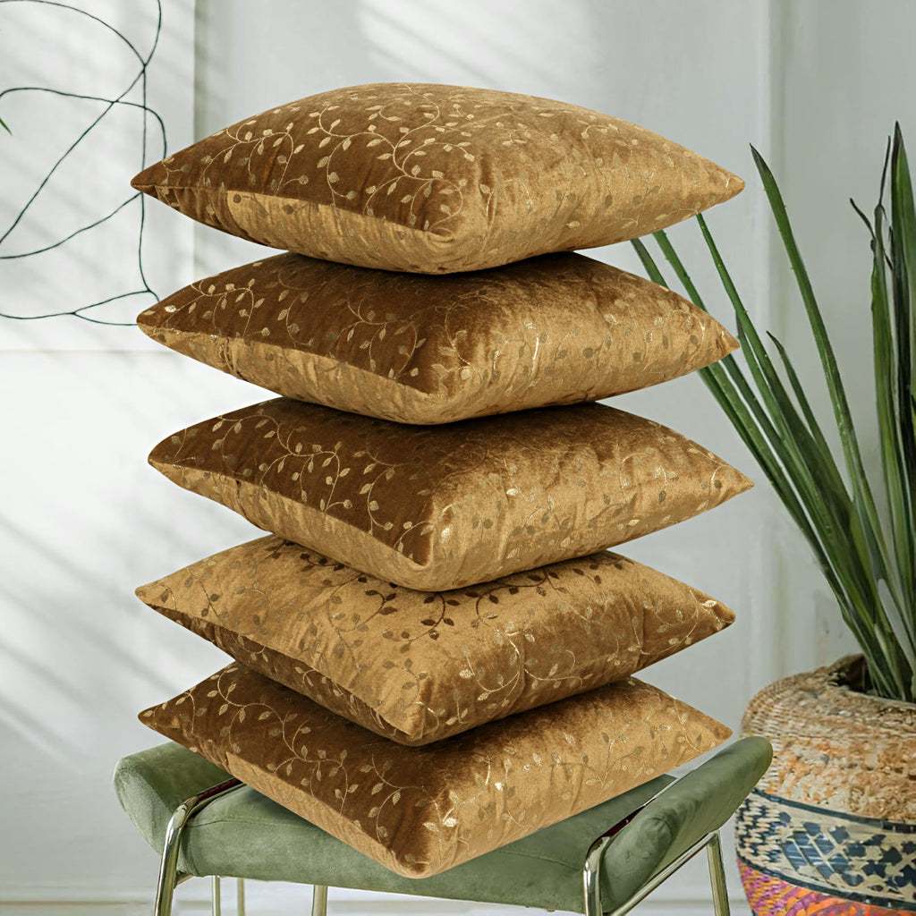 RD TREND® Premium Velvet Cushion Covers Set of 5 | Soft Decorative Throw Pillow Covers for Sofa, Bed & Living Room | Cushion Cover 24 inch x 24 inch (60x60 cm) Golden Brown