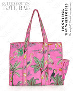 NIKAVIK Quilted Cotton Tote bag – Exotic Animal Print Foldable and Ideal for Travel Shopping Beach Trips or Daily Essentials (Light Pink)