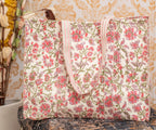 Awdhesh Kumar Blush Bloom Carryall Hand Block Printed Cotton Tote Bag for Women, 40x35 cm, Floral Pattern (Ivory Blossom/Blush Garden)