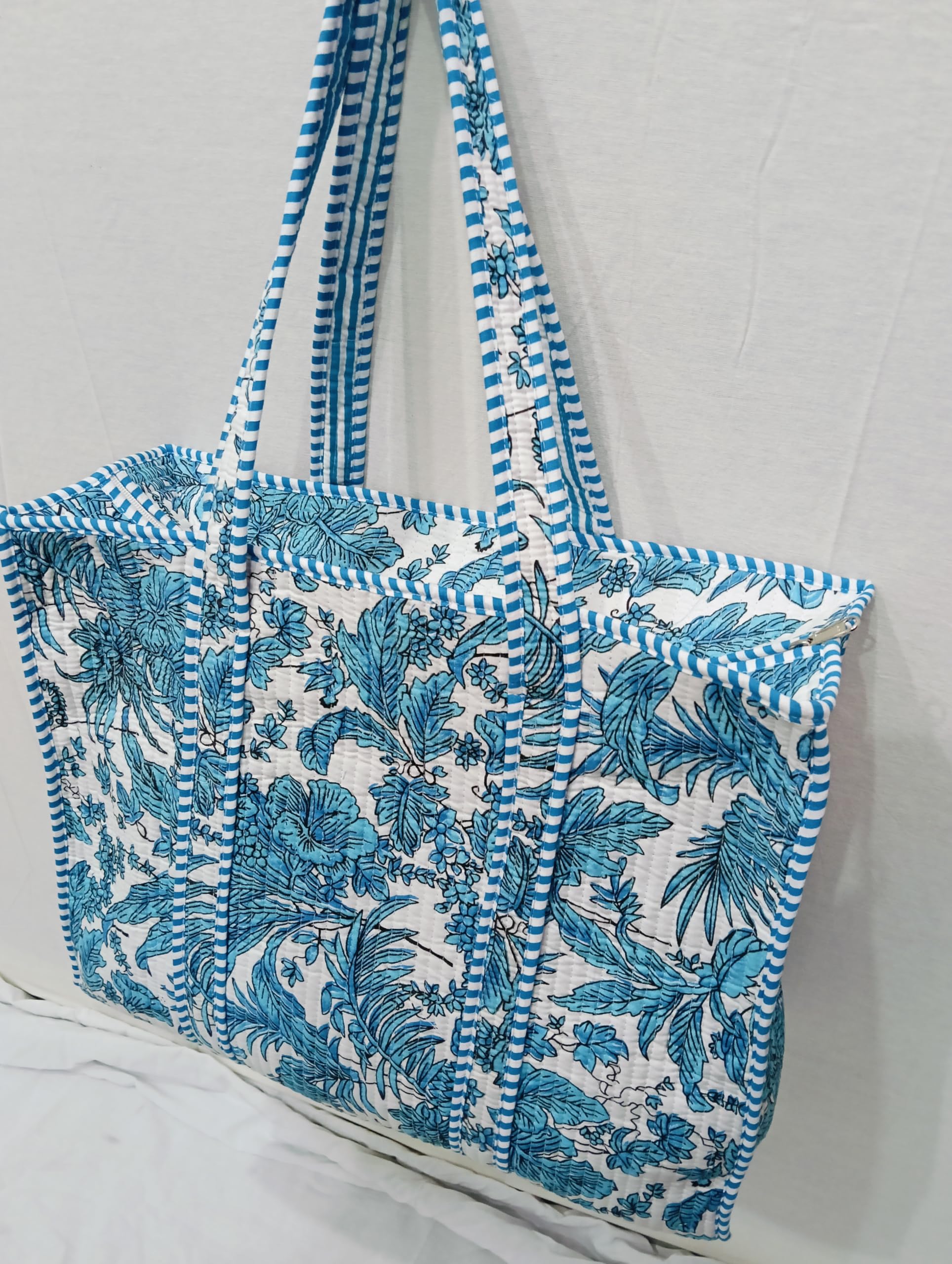 Doraya Cotton Printed Tote Bag,Hand Bag Multicolor Quilted Hand Block Floral Printed Women's Carry Bag Shoulder Shopping Tote Bags 18x5.5x16 Inch (Blue 2)