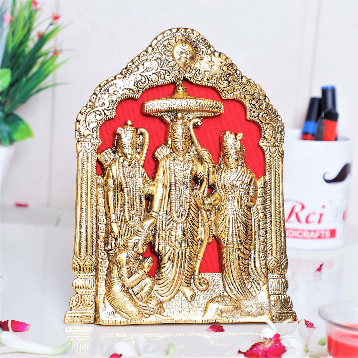 Prince Home Decor & Gifts Antique Metal Lord Ram Darbar with Hanuman Ji Home decor Idol (Regular, Gold)