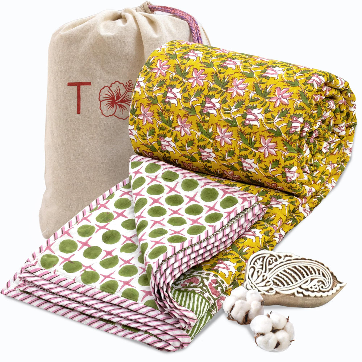 TOAIArt Premium Jaipuri Dohar | AC Blanket Summer Quilt | Hand Block Printed | 3 Layers | Reversible | 150GSM 100% Mulmul Cotton | 100% Cotton Flannel Filling | King 108 X 90 |Pink Floral Pond Kafalo