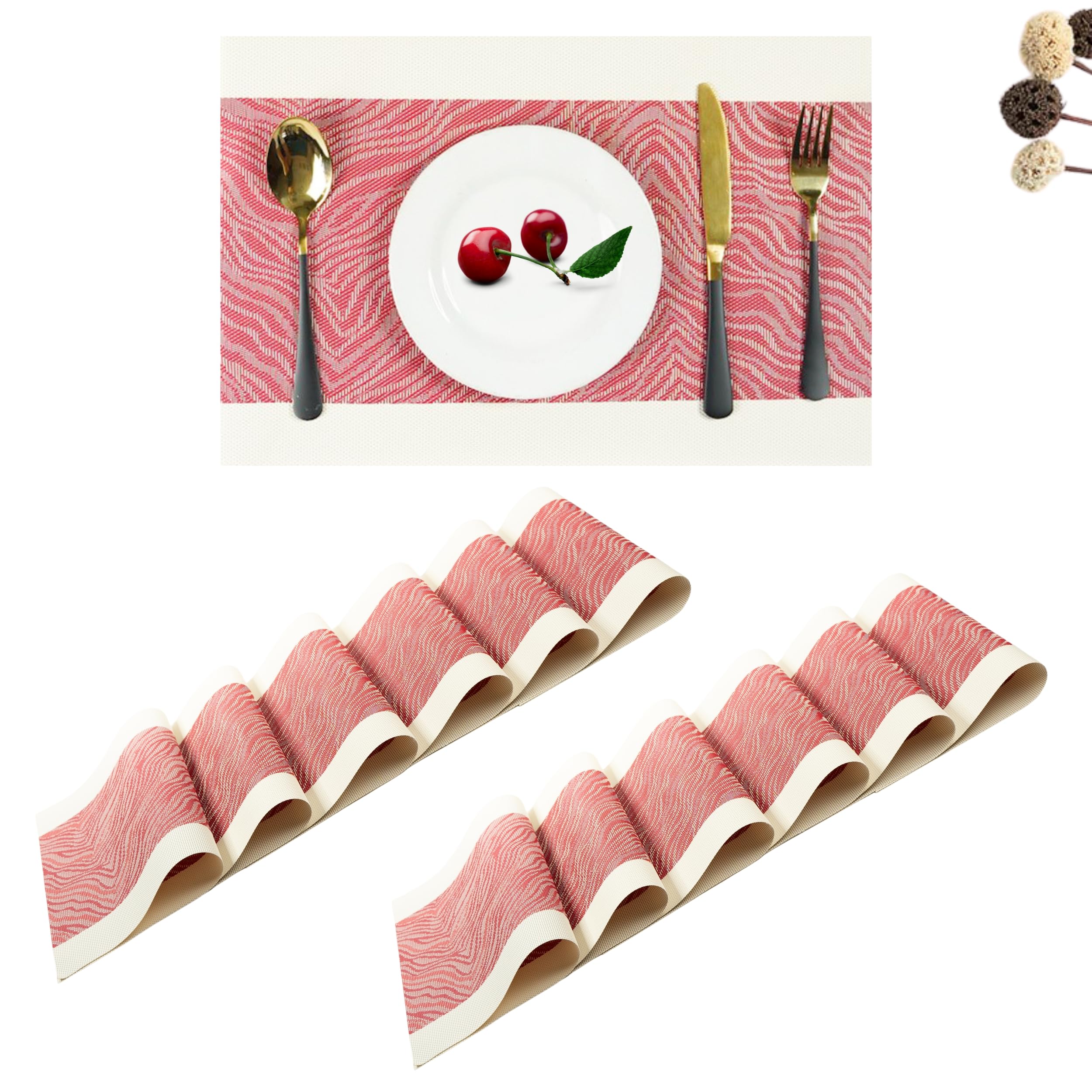 Lellow Woven Vinyl Stylish Washable Dining Table Placemats - (Berry Red, Pack of 12) Kafalo