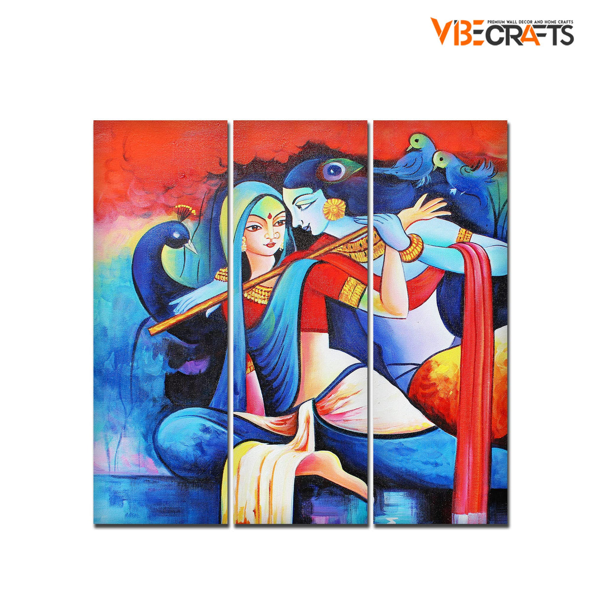 VIBECRAFTS 3 Pieces Radha Krishna Playing Flute Canvas Wall Painting Fitted With Wooden Frame For Home | Office | Living Room | Gifts (PTVC3Pcs1_9543)