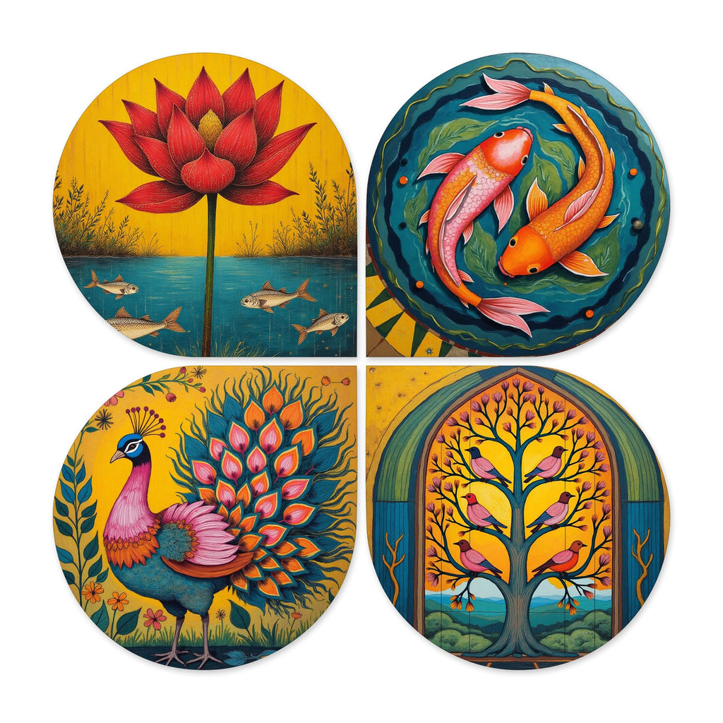 Artvibes Nature & Spiritual Wooden Handcrafted Mdf Wall Hanging | Decorative Wall Art For Bedroom | Home Decoration Items | Gifts For Women And Men (Wh_8459N) - Set Of 4