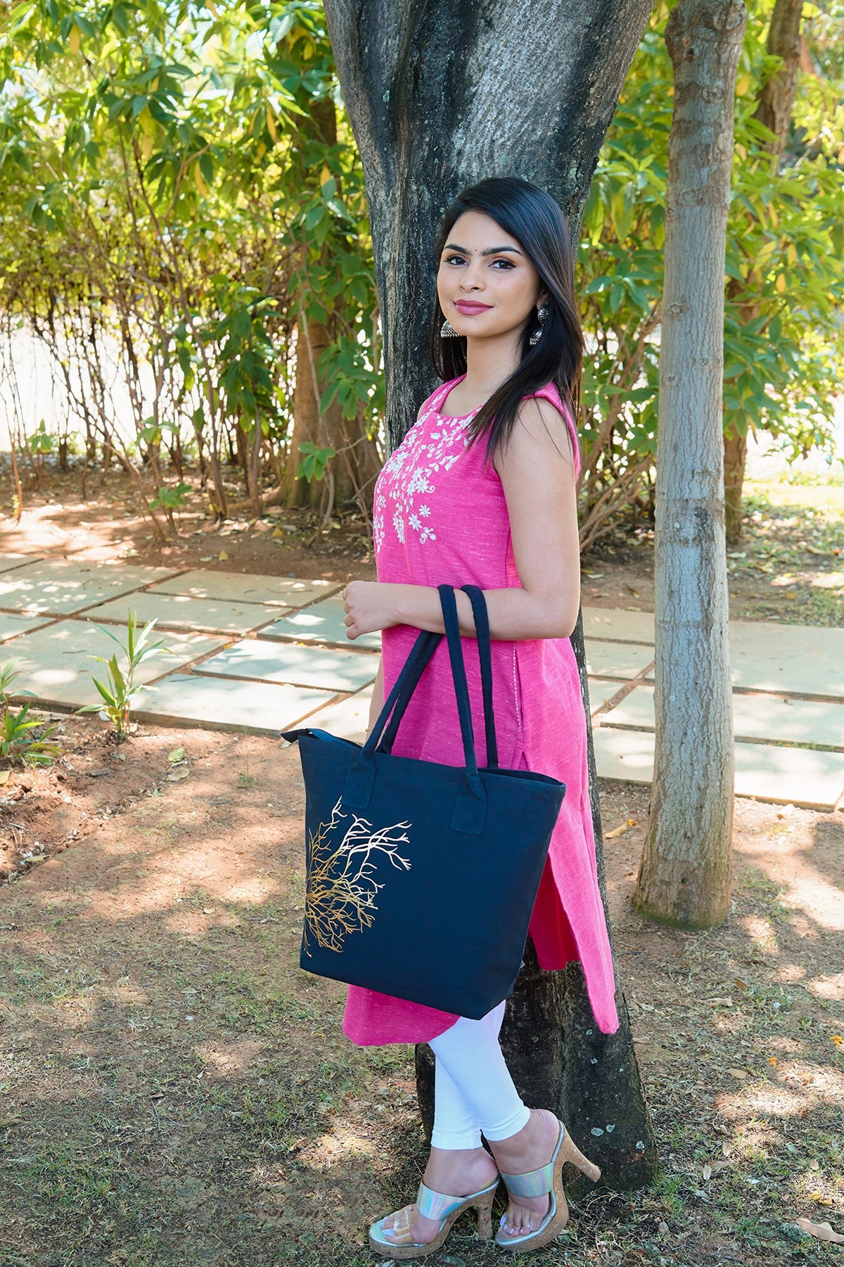 Earthsave Canvas Tote Bag With Zip - Women's Office & College Bag, Printed Travel Bag - Navy Blue - Vegan
