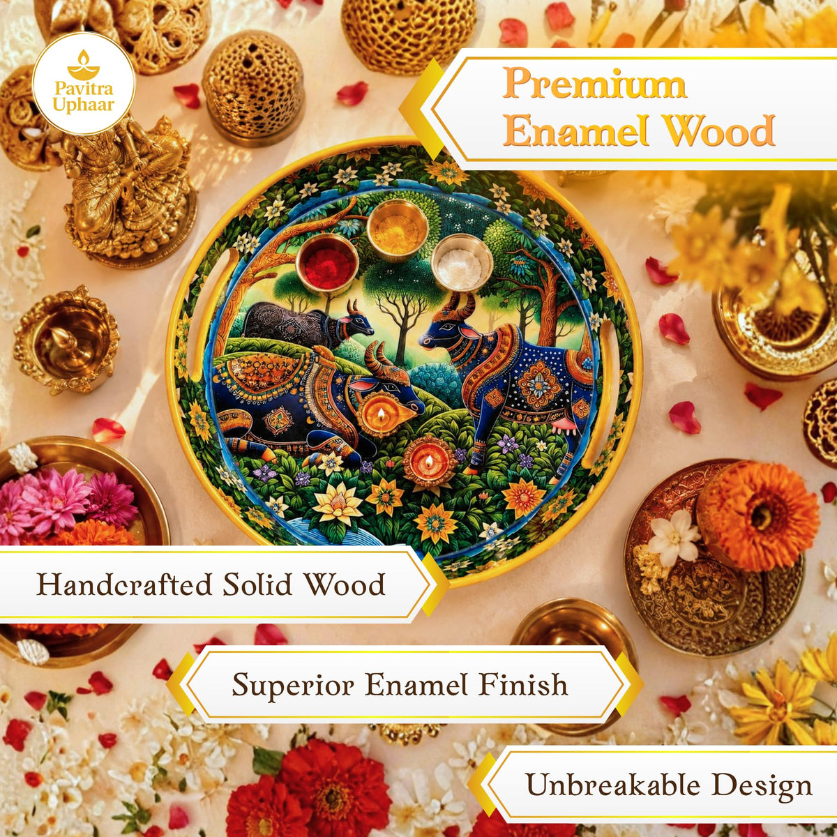 Pavitra Uphaar Pichwai Art Round Serving Tray, Solid Wood Platter with Sacred Cow Design & Celestial Forest Motif, Premium Glossy Finish Decorative Table Decor Tray for Festive Gifting (Medium)