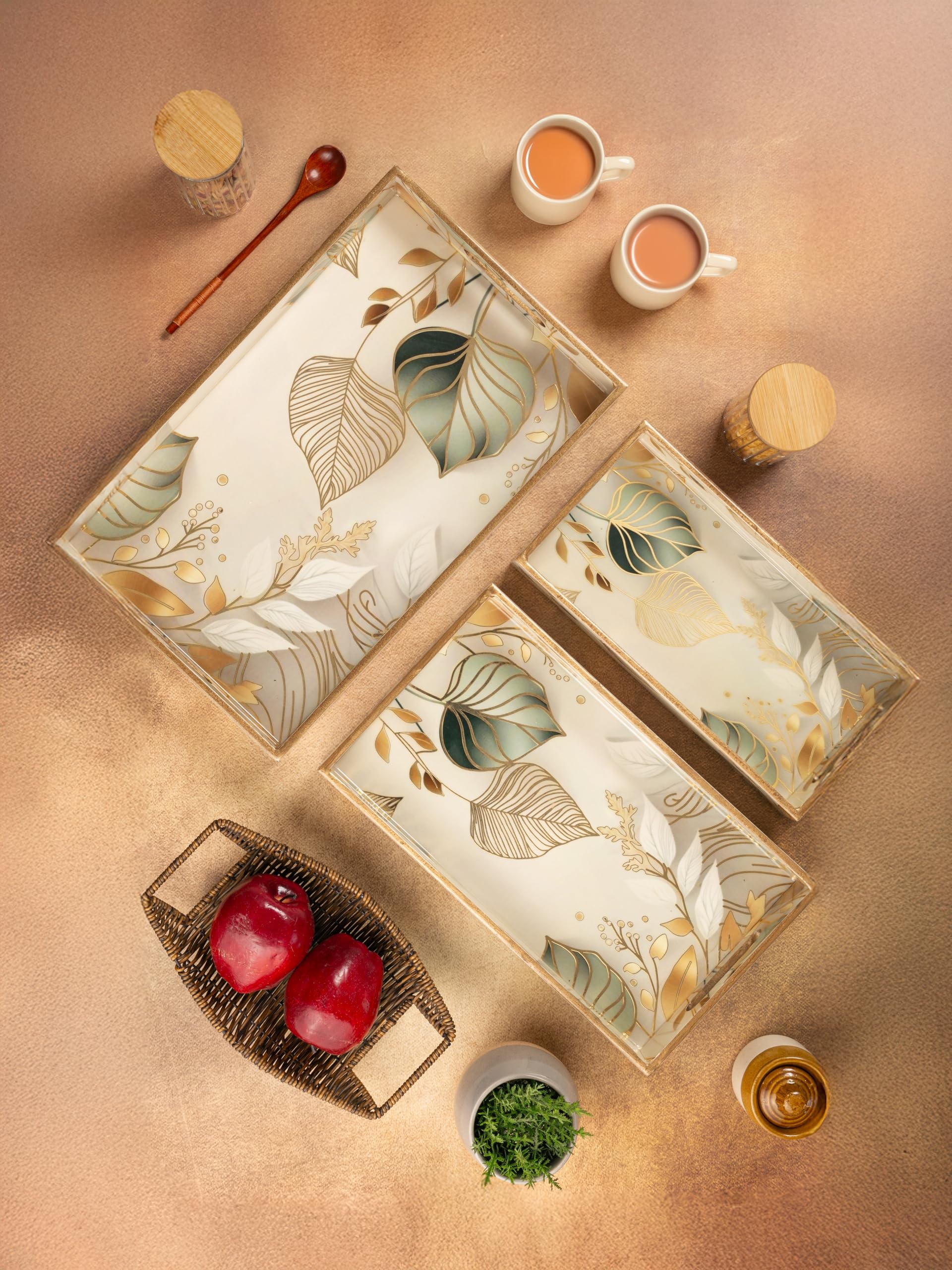 Civana Homes Wooden Serving Tray with Gold Engraving | Set of 3 | Size : 16 x 10 inch, 14 x 8 inch & 12 x 6 inch | Enamel Coated Waterproof | Rectangular | Decorative Trays | White Leaf Set