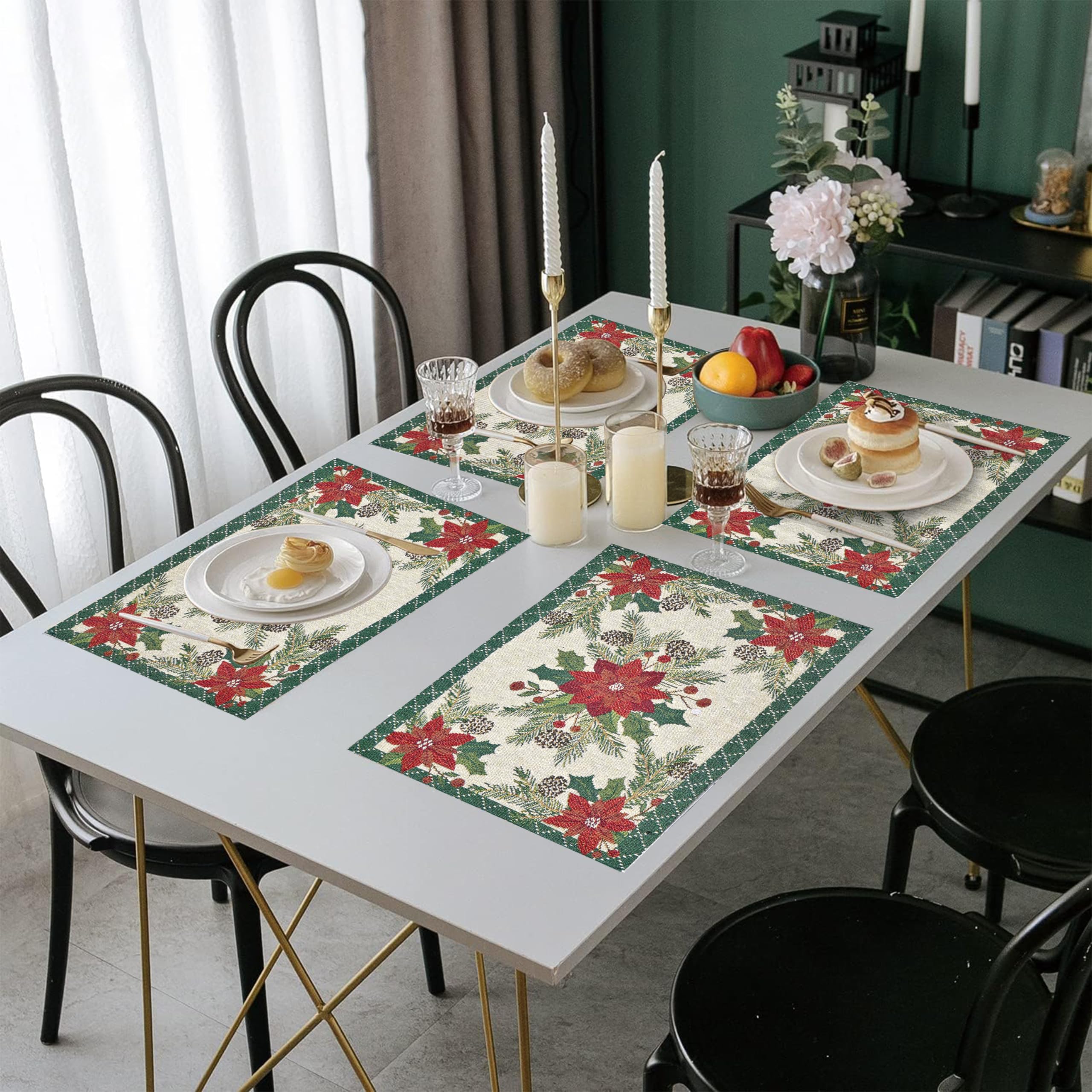 PRAKARTIK BY INDUARTS Red Flower Green Border Christmas Eco-Friendly Cotton Dining Rectangular Table mats - Reusable, Machine Washable, Everyday Use Red & Green Placemats, Set of 4 (33x47 cm) Kafalo