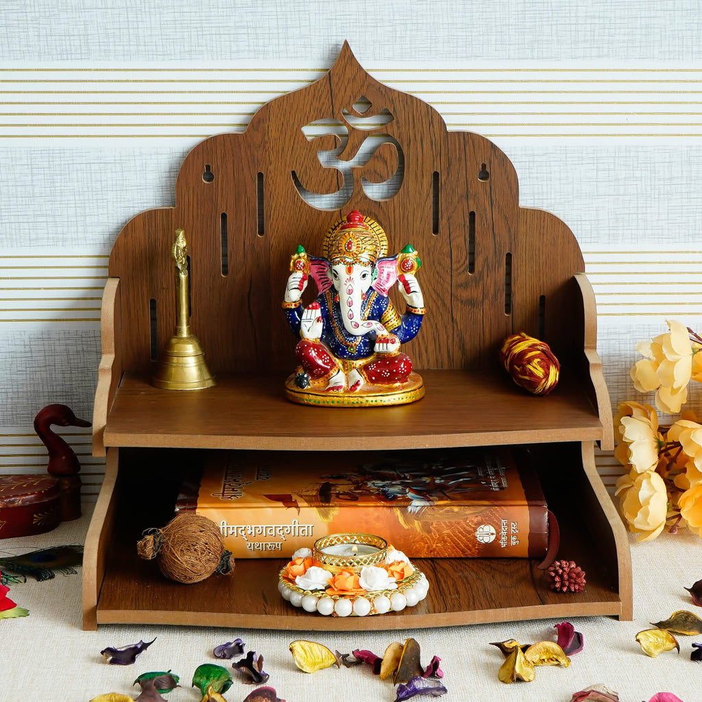 eCraftIndia Om Symbol Decorative Wooden Pooja Temple with Shelf | Wooden Temple for Home Wall Hanging | Home Temple Pooja Mandir | Diwali Gifts for Family Friends