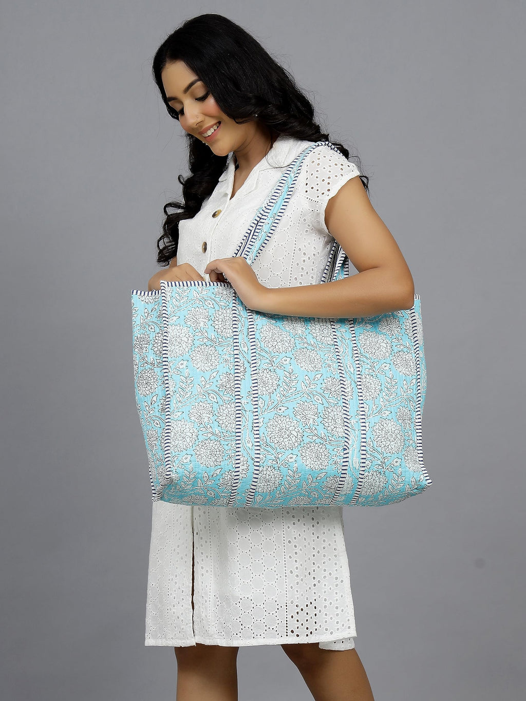 Ravaiyaa - Attitude is everything Women & Man Beautiful Printed Cotton Grocery Shopping Bag | Shoulder Bag | Cotton Tote Bag | Travel Tote Bags 18x5.5x16 Inch (Turquoise White Floral)