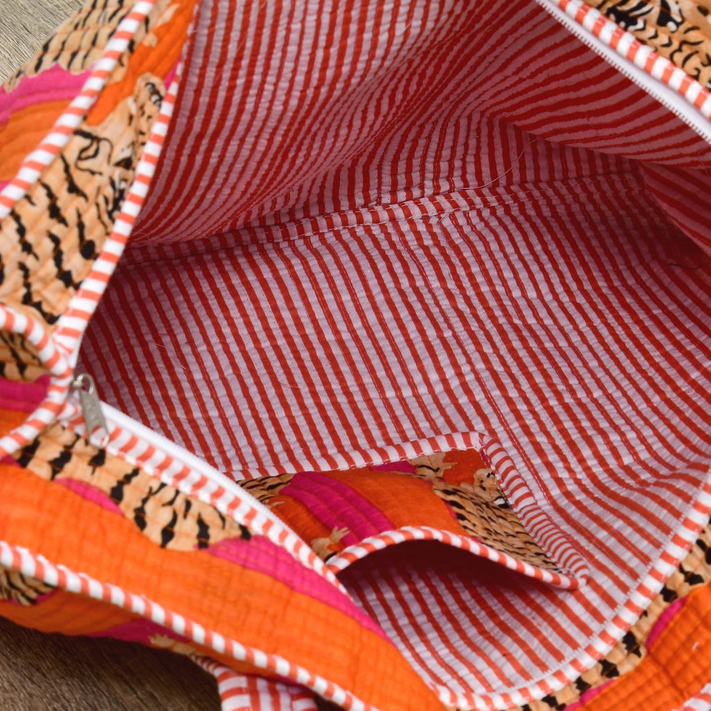 MITTICO Quilted Cotton Tote Bag for Women – Handmade Large Shoulder Handbag with Zipper & Multiple Pockets | Lightweight Travel Tote for Office, Shopping & Daily Use | Orange Tiger Print