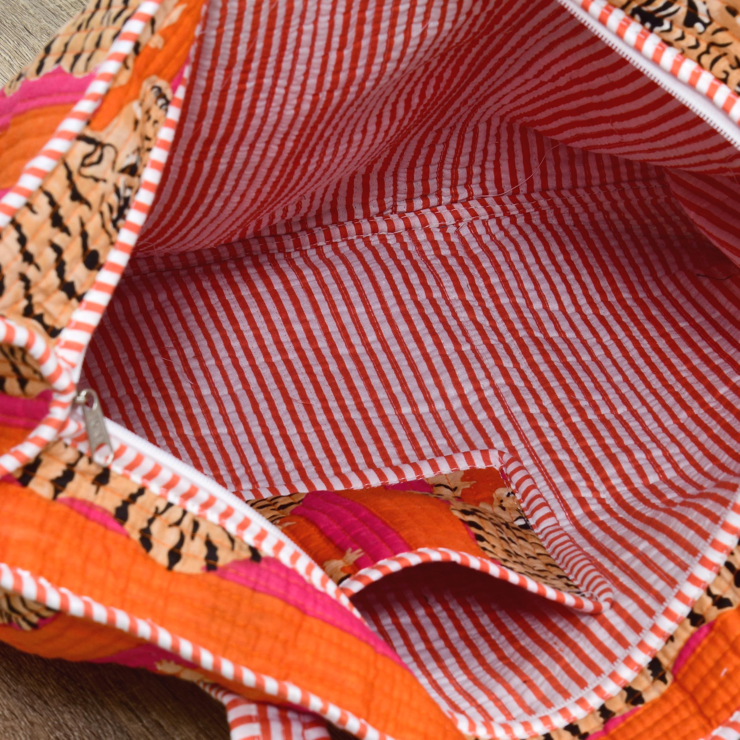 MITTICO Quilted Cotton Tote Bag for Women – Handmade Large Shoulder Handbag with Zipper & Multiple Pockets | Lightweight Travel Tote for Office, Shopping & Daily Use | Orange Tiger Print