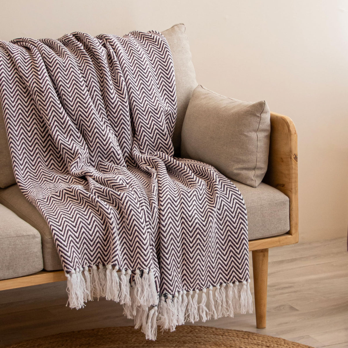 HOMEMONDE Cotton Throw 50 X 60 Inches Decorative Living Room Couch and Sofa Knitted Blanket with Tassels Chevron, (Brown - 127 X 152 Cm, 200 Tc) Kafalo