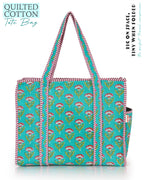 NIKAVIK 1 Tote Bag and 3 Pouches | Jaipuri Quilted fabric Handblock Printed Tote Bag (with zip closure and bottle compartment) with Matching Pouches (Aqua Blue Pink)
