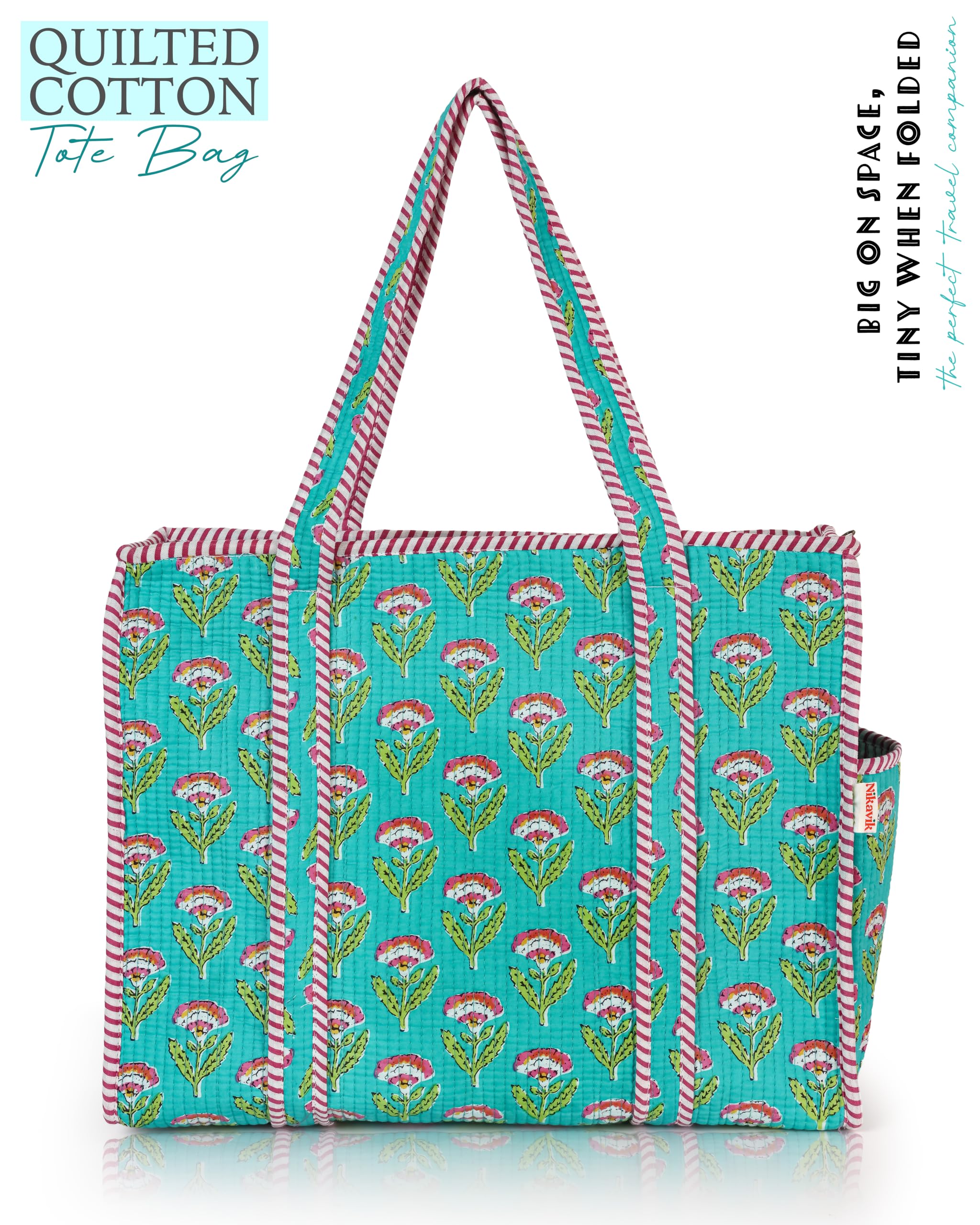 NIKAVIK 1 Tote Bag and 3 Pouches | Jaipuri Quilted fabric Handblock Printed Tote Bag (with zip closure and bottle compartment) with Matching Pouches (Aqua Blue Pink)