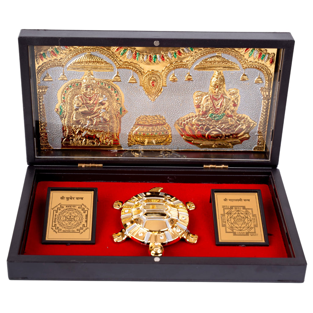 anciently Lakshmi Kuber Pocket Temple with Feng Shui Tortoise for Good Luck for Diwali Gift, House Warming Gifts, Return Gift Puja Box (Rectangle Shaped, Gold Plated, 1 Piece)