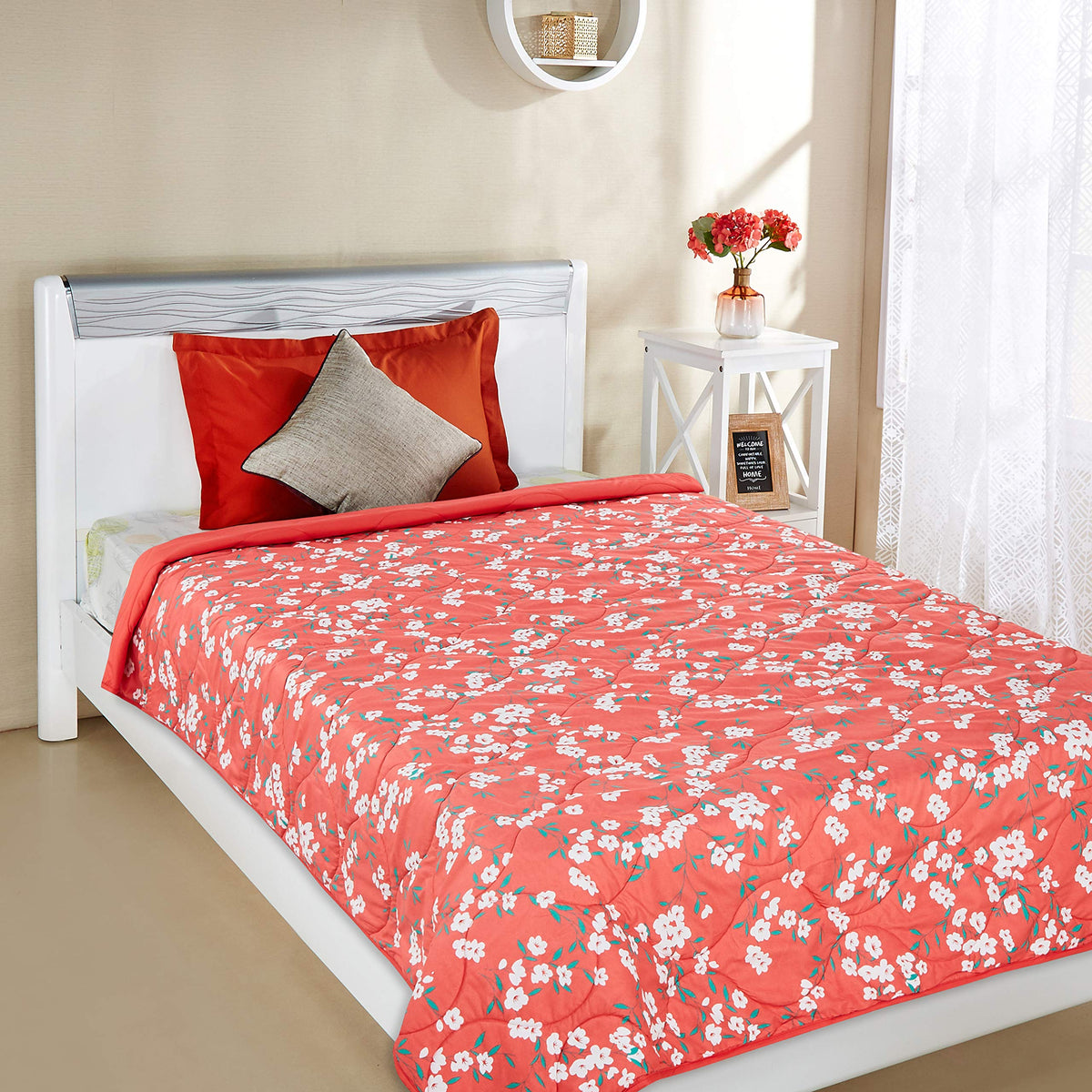 A Brand New - Solimo Microfibre Quilt AC Blanket, 120 GSM, Pink, Single (Serene Spring, 150 x 230 cm) Kafalo