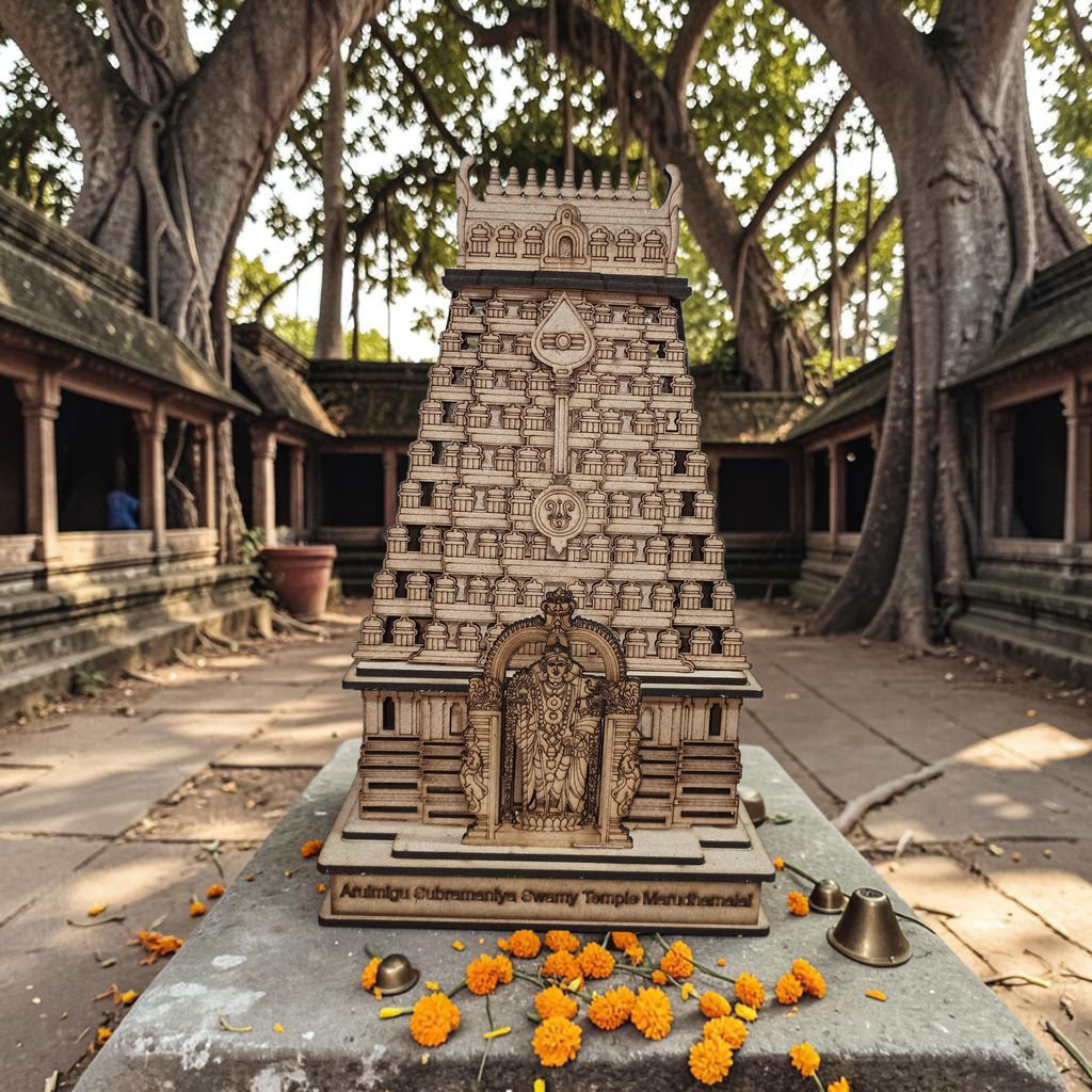 QUEENS CANVAS Marudhamalai Subramaniya Swamy Temple Wooden Decorative Model, Traditional Hindu Temple Architecture Replica -12 Inch Hight