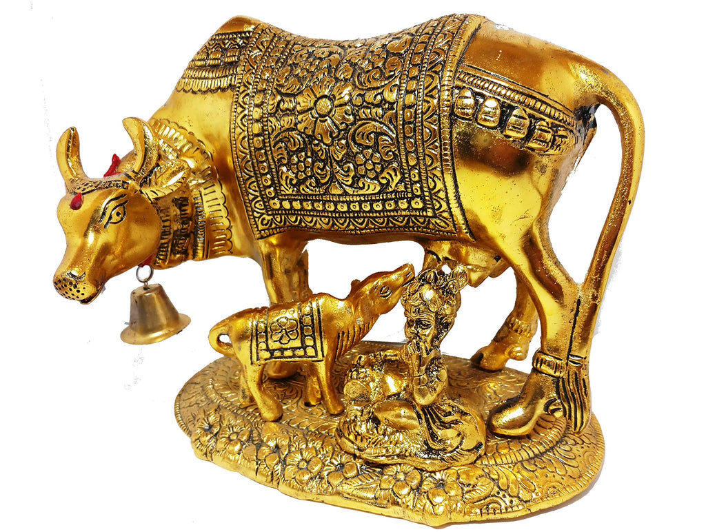 Prince Home Decor & Gifts Metal Kamdhenu Cow With Calf Statue Good Luck Holy Cow With Calf Statue/metal Cow With Calf for home decor/ Spiritual Showpiece Figurine Sculpture Vastu Decorative Handmade Home Office Showpiece Gifts
