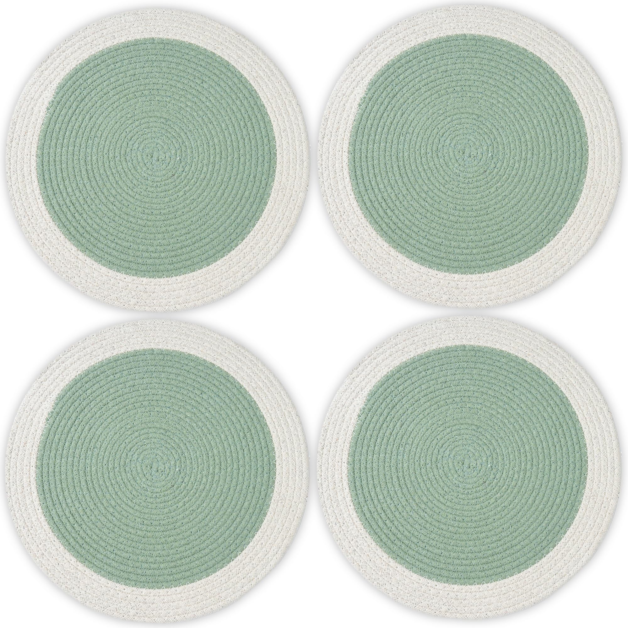 Encasa XO Dining Table Mats, Round Ribbed Cotton, Heat Resistant Sage