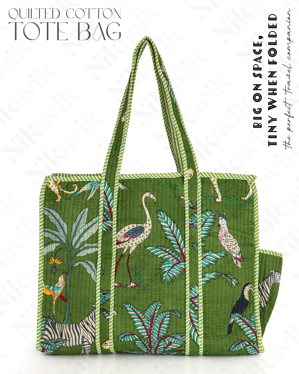 NIKAVIK Quilted Cotton Tote bag – Exotic Animal Print Foldable and Ideal for Travel Shopping Beach Trips or Daily Essentials (Green)