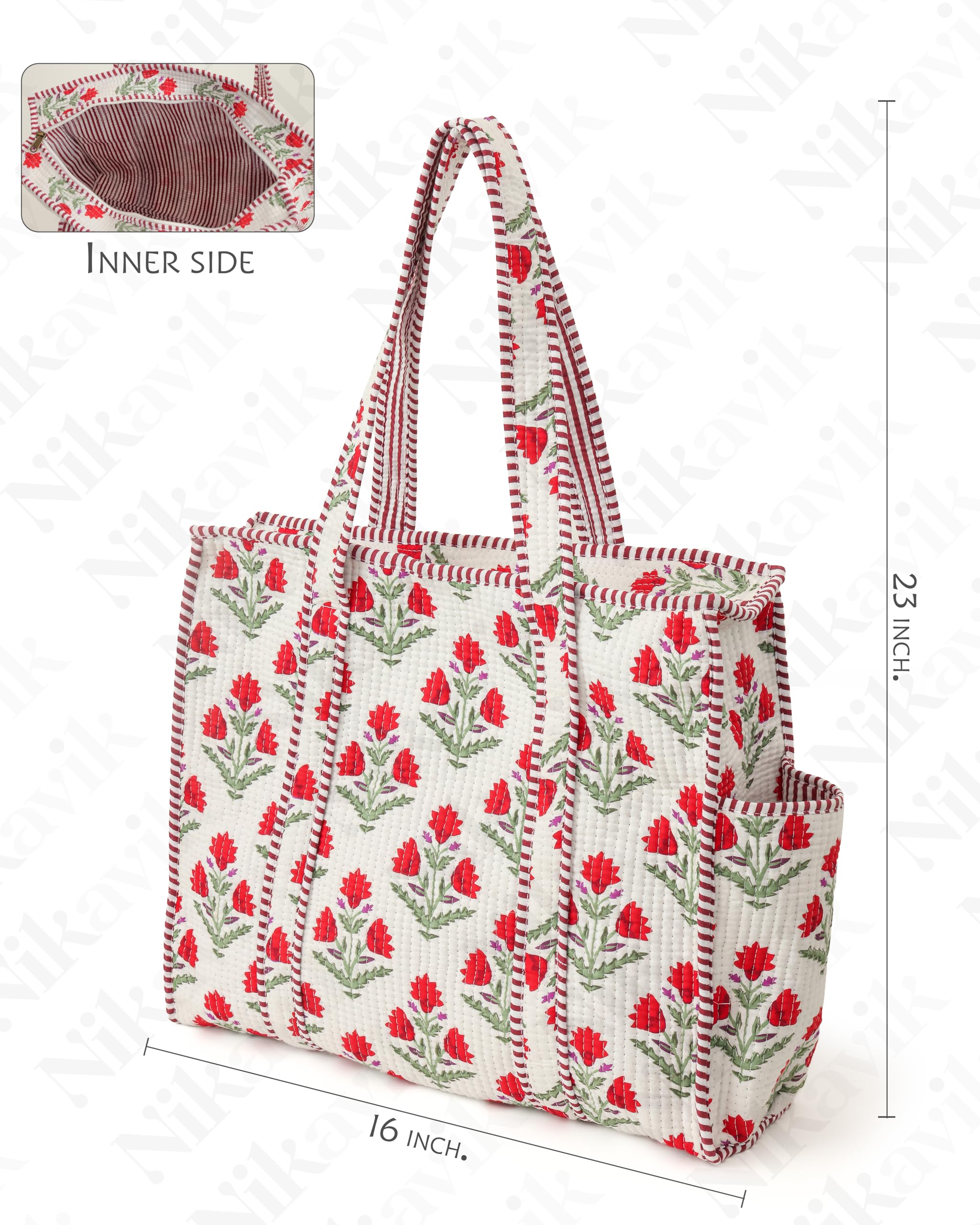 NIKAVIK Quilted Cotton Jaipuri Tote bag (with seperate Bottle Pocket & Zip) – Exotic Animal Print Foldable and Ideal for Travel Shopping Beach Trips or Daily Essentials (White Red)