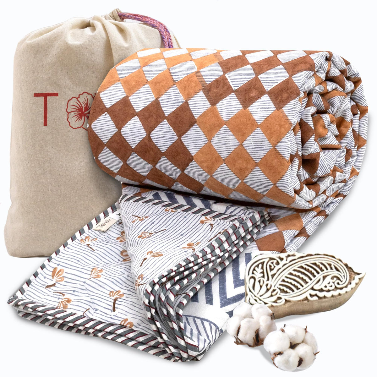 TOAIArt Premium Jaipuri Dohar | AC Blanket Summer Quilt | Hand Block Printed | 3 Layers | Reversible | 150GSM 100% Mulmul Cotton| 100% Cotton Flannel Filling | Queen 90 X 108|Brown Checks Blue Lines Kafalo