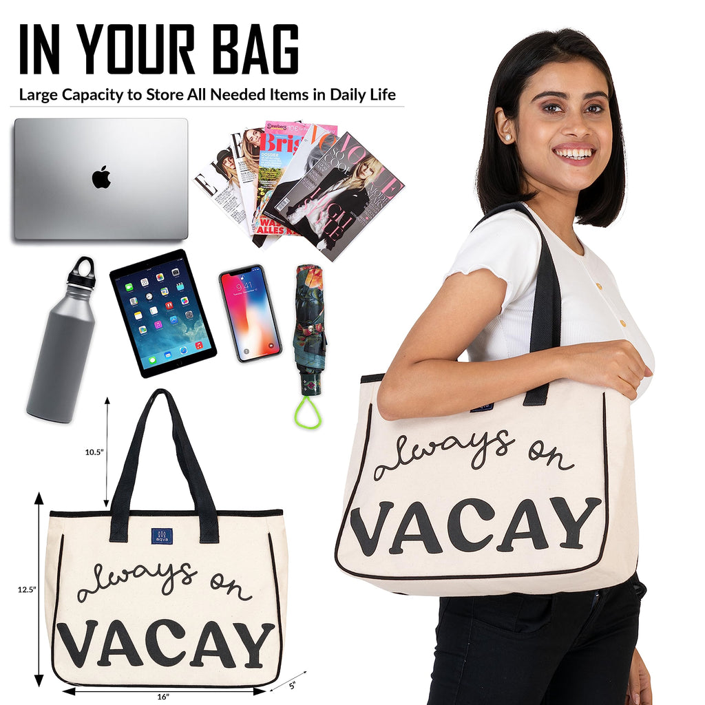 AQVA Women & Men Cotton Tote Bag | Black and White Collection Printed Handbag Shoulder Bag with Zipper and Inner Zip Pocket for Grocery, Shopping, Travel, Work, Beach Lunch (16 X 12.5 X 5_Vacay)