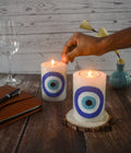 The Bling Stores Pillar Candle Garden of Season Evil Eye Wax Candle with Tea Light & Candle Holder Long Burn Time and Smokeless Candles - White Candles for Home Decoration