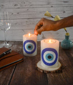 The Bling Stores Pillar Candle Garden of Season Evil Eye Wax Candle with Tea Light & Candle Holder Long Burn Time and Smokeless Candles - White Candles for Home Decoration