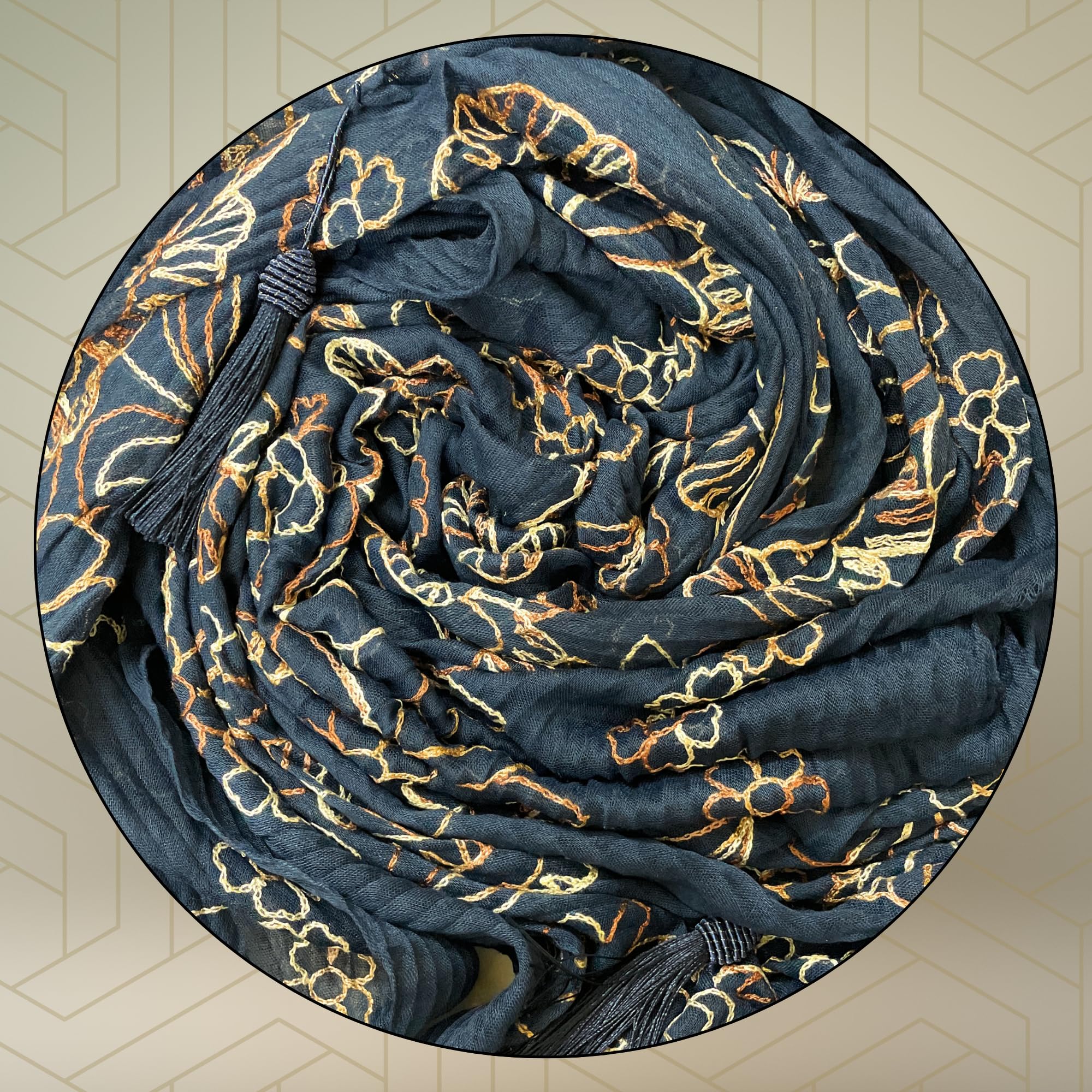 FAHABO Scarf Woman Pleated Cotton Scarves with Embroidery and Tassels | Hijab Scarf | Headscarf | Neck Scarf | Stoles | Wraps (Deep Night Blue -1)