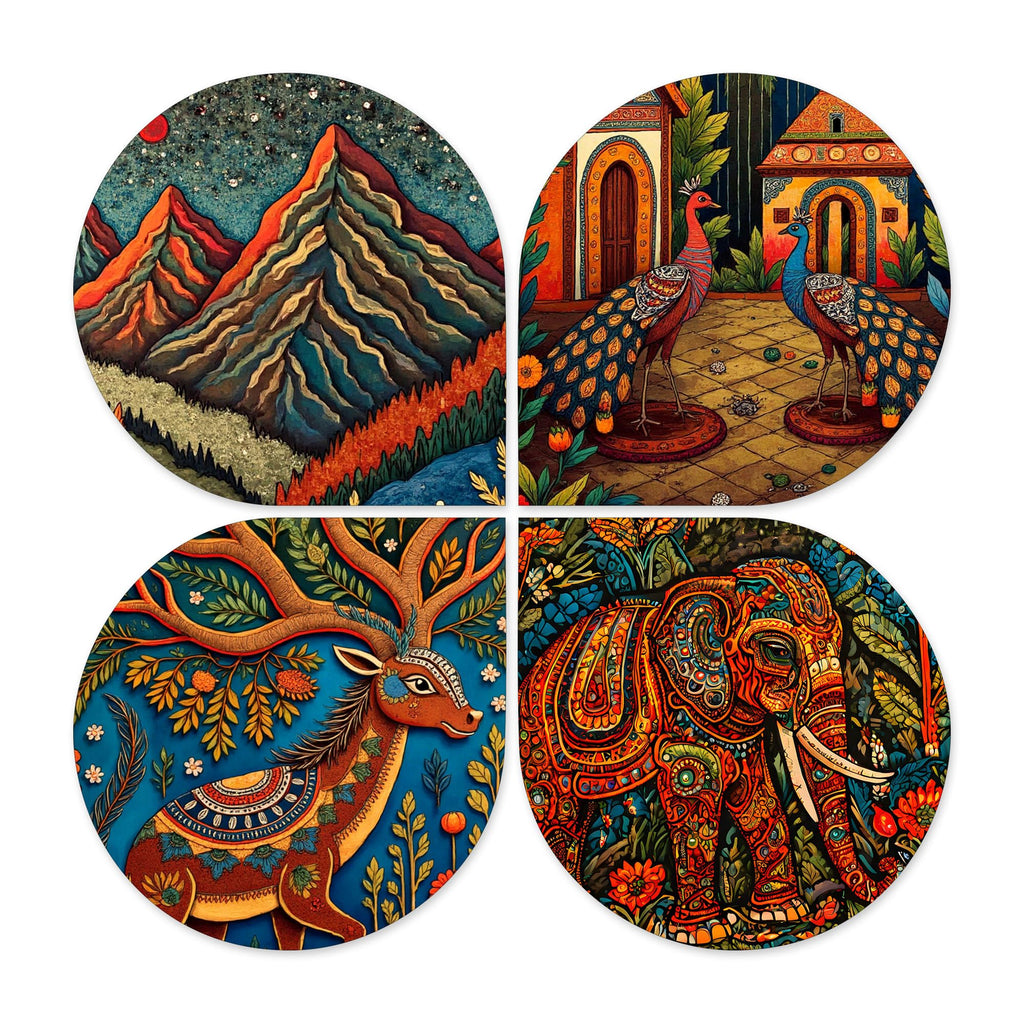 Artvibes Nature & Wildlife Wooden Art Decoration Item for Home | Living Room | Office | Cafe | Painting Wall Decor | Aesthetic Wooden Decor | Handcrafted Art | Ideal Gifts (WH_8452N), Set of 4