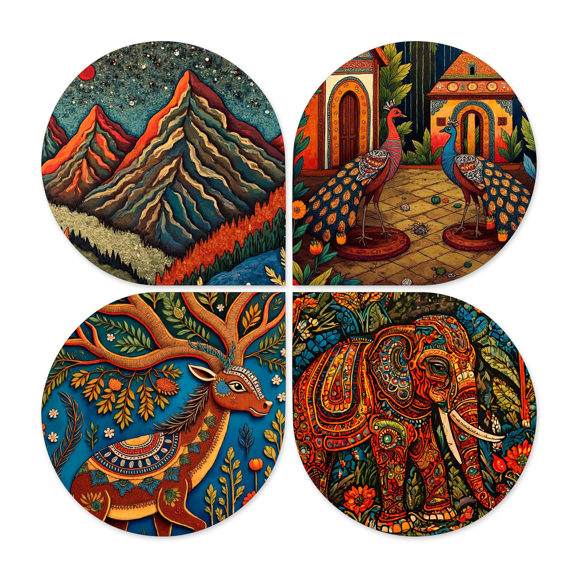 Artvibes Nature & Wildlife Wooden Art Decoration Item for Home | Living Room | Office | Cafe | Painting Wall Decor | Aesthetic Wooden Decor | Handcrafted Art | Ideal Gifts (WH_8452N), Set of 4