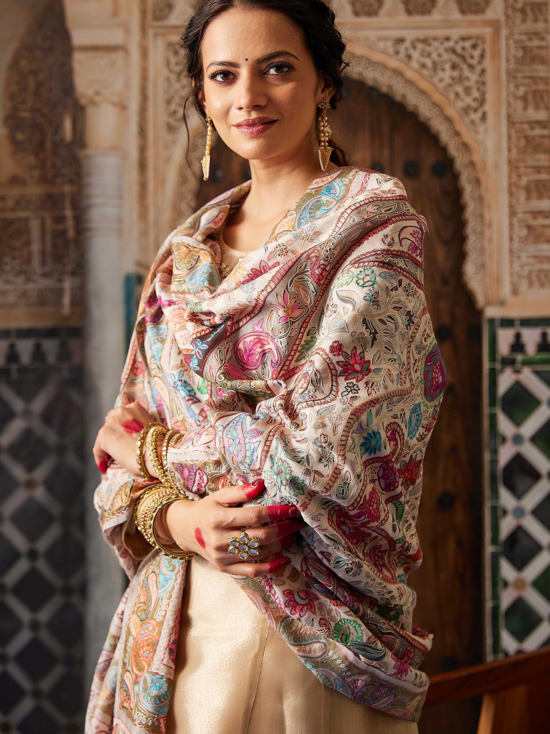 Pashmoda Women Naaz Fine Wool Fabric Pashmina Kalamkari Embroidered Shawl, Stole and Wrap, Sustainable and Natural Fabric, Heritage Kashmiri Pashmina(Size 40x80)
