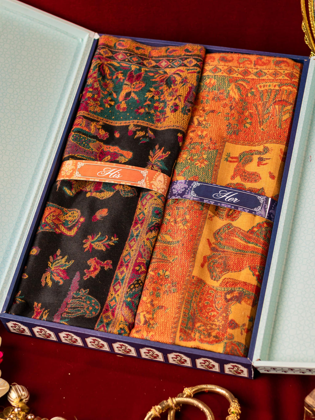 Pashmoda His and Her Gift Set of Kaani Shawls With Wooden Gift Box