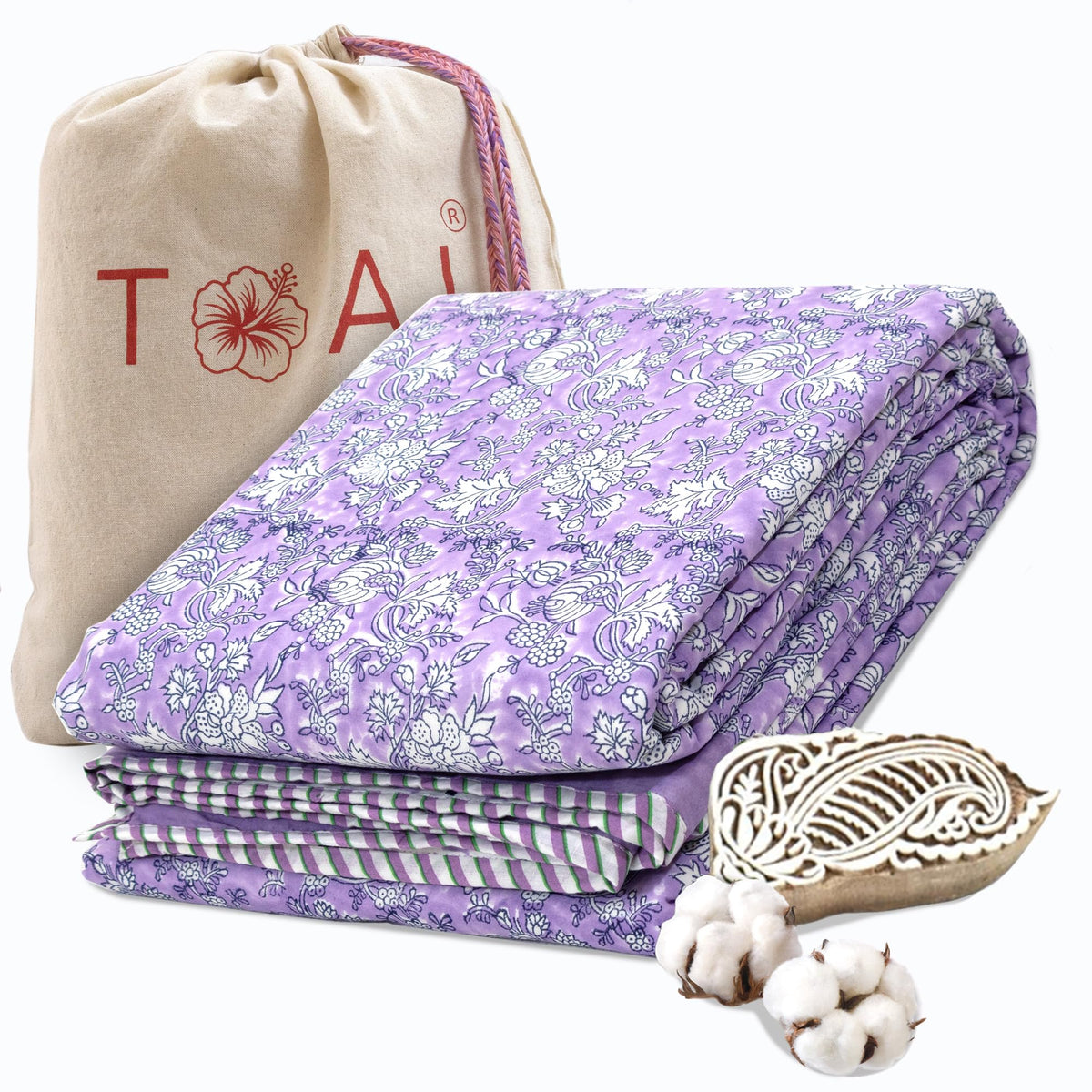 TOAIArt Premium Jaipuri Dohar | AC Blanket Summer Quilt | Hand Block Printed | 3 Layers | Reversible | 150GSM 100% Mulmul Cotton | 100% Cotton Flannel Filling | Single 60 X 90 |Lavender Kalamkari Kafalo