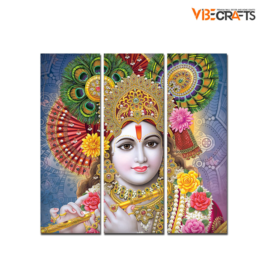 VIBECRAFTS 3 Pieces Beautiful Kanha Ji Canvas Wall Painting Fitted With Wooden Frame For Home | Office | Living Room | Gifts (PTVC3Pcs1_9552)