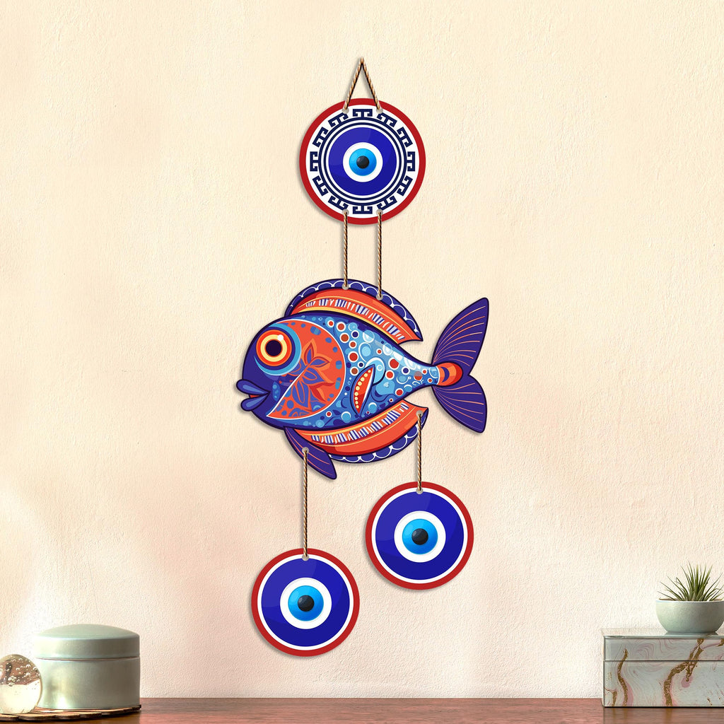 Artvibes Fish Evil Eye Wall Hanging for Home Entrance | Lucky Fish Nazar Battu MDF Wall Decor | Vastu Decorative Art for Living Room | Bedroom | Office & Balcony (WH_8535N)