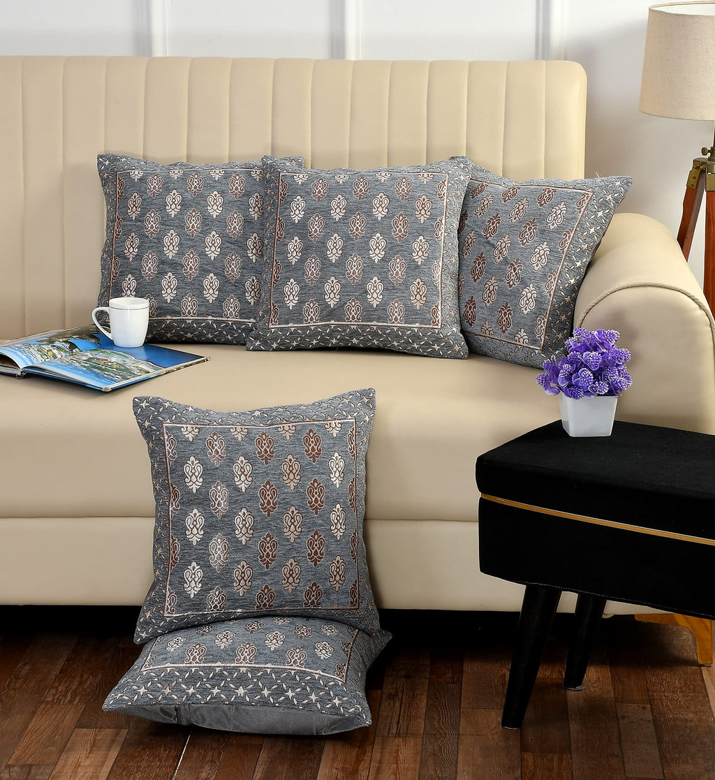 DECOMIZER Jacquard Geomteric Cushion Covers 16 Inch X 16 Inch Set Of 5 Ethnic Motifs Cushion Covers,Design- Ambi,Color- Grey, 240 TC